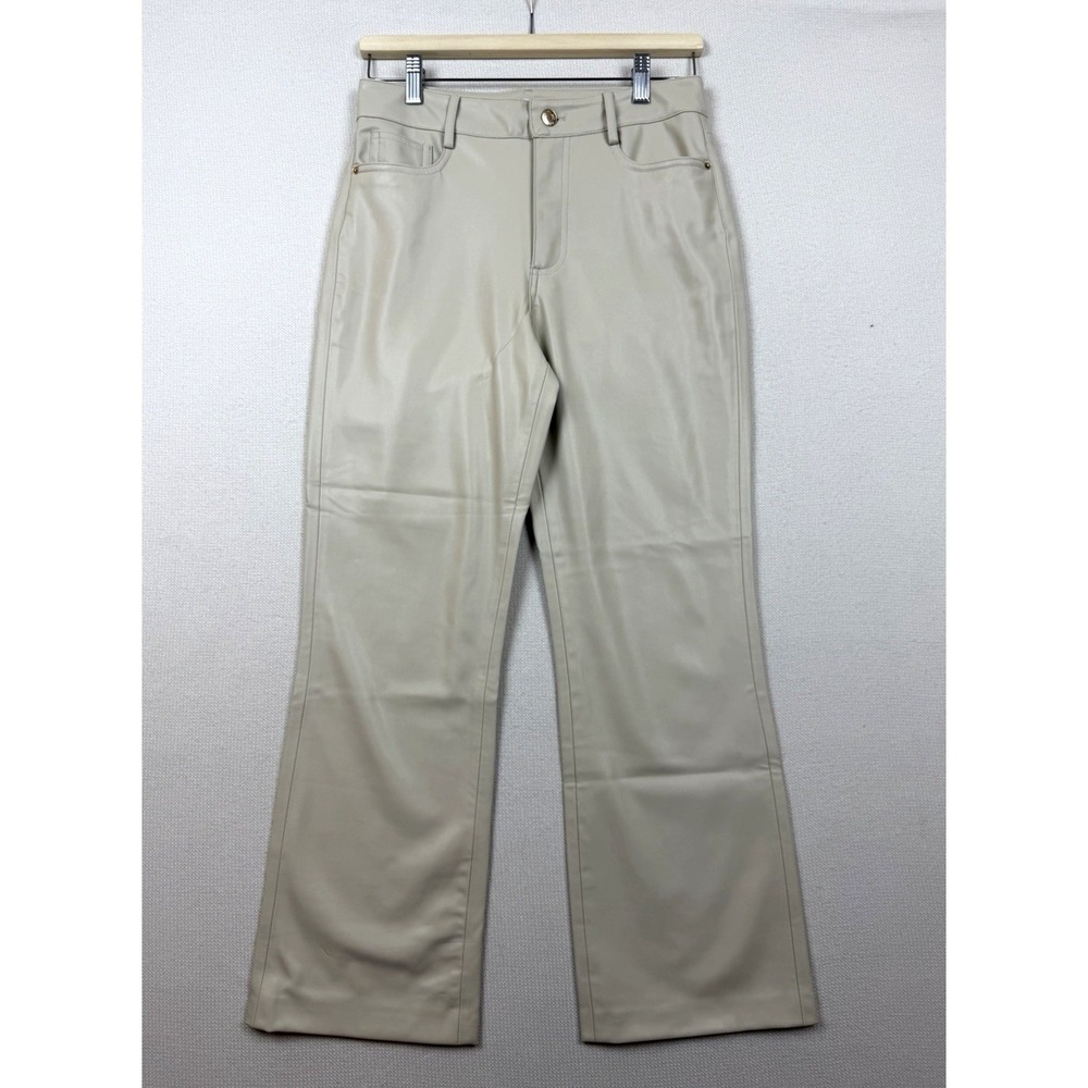 Zara Beige Faux Leather Women's Fit Pants 4 Straight Leg Stretchy 28X25 Gold Zip - Picture 1 of 12